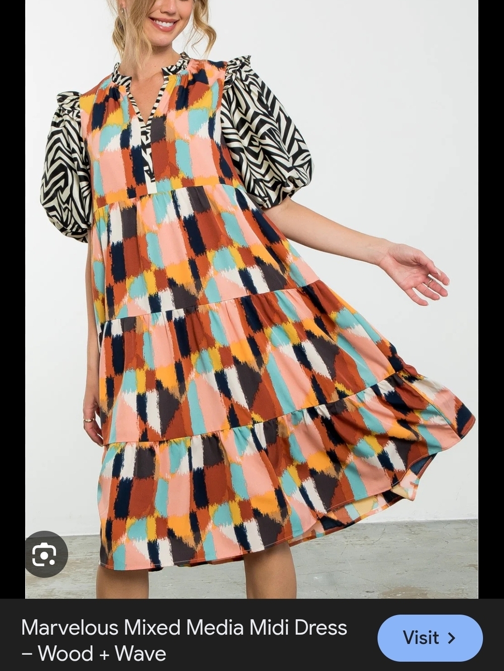 THML Multicolor Patchwork Midi Dress with Black & White Puff Sleeves P2P 17"